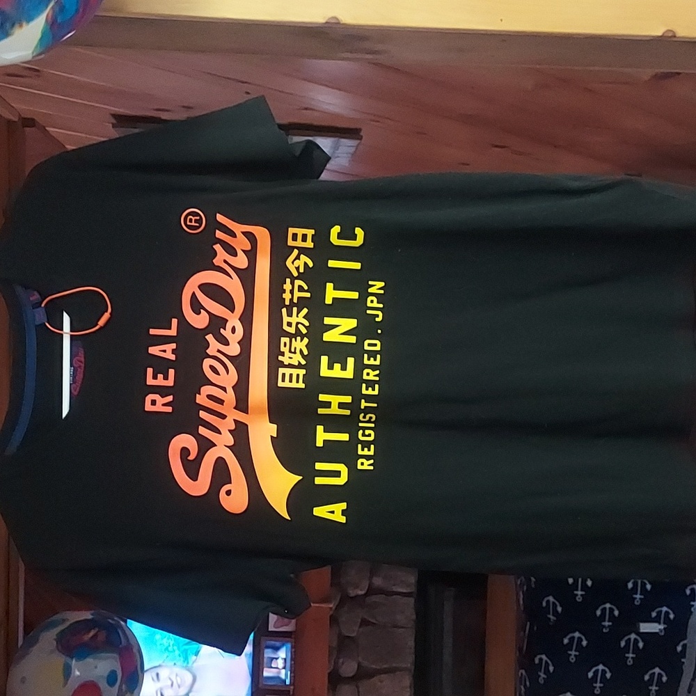 SuperDry Authentic  Tee shirt black with orange and yellow writing